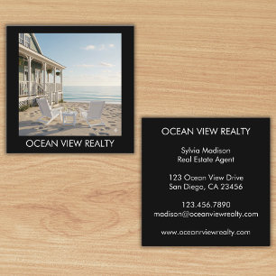 Custom Ocean View Photo Realty Black Square Business Card