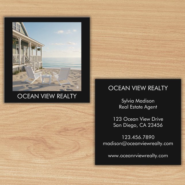 Custom Ocean View Photo  Realty Black Square Business Card (Custom Ocean View Photo Realty Black Square Business Card)