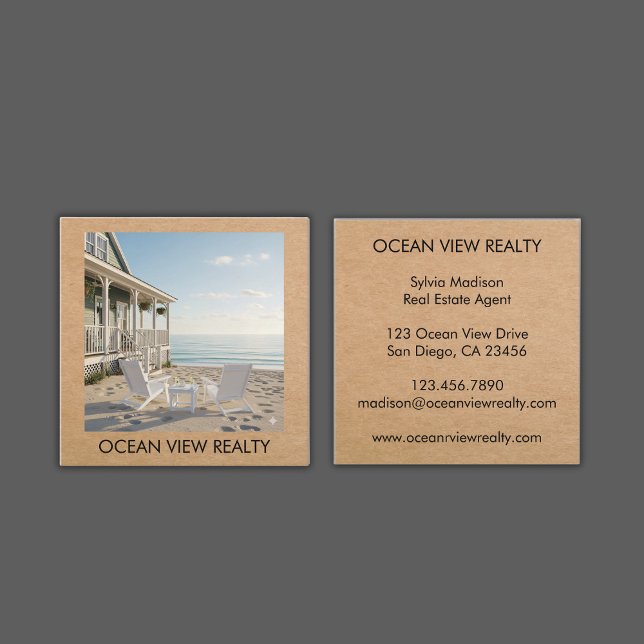 Custom Ocean View Photo Realty Kraft Square Business Card (Custom Ocean View Photo Realty Kraft Square Business Card)