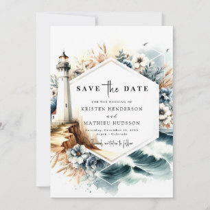 Custom Oceanic Whimsy Lighthouse Wedding Save The Date