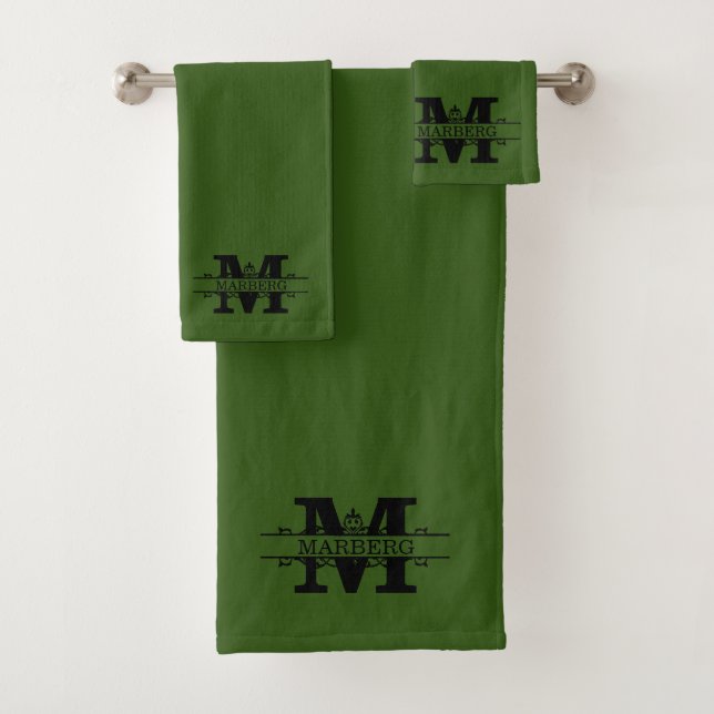 Custom Olive Green Fancy Monogram Bath Towel Set (Insitu)