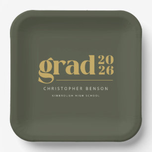 Custom Olive Green Gold Grad 2026 Graduation Paper Plate