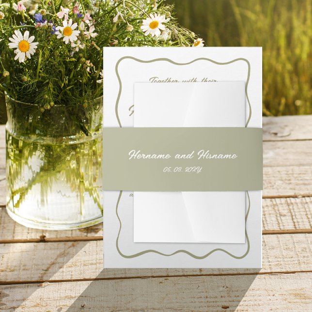 Custom Olive Green Hand Drawn Name Date Wedding Invitation Belly Band (Creator Uploaded)
