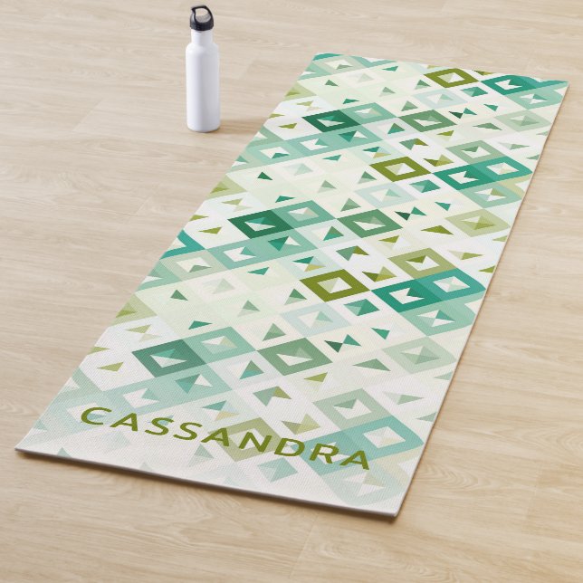 Custom Olive Green Teal Blue Ivory Mosaic Pattern Yoga Mat (In Situ)