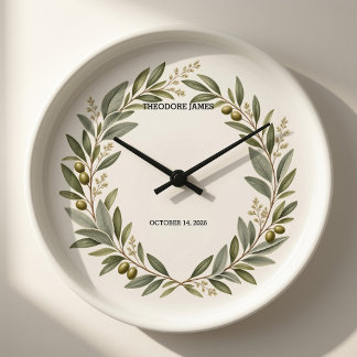 Custom Olive Wreath Baby Birth Stats Acrylic Wall Large Clock