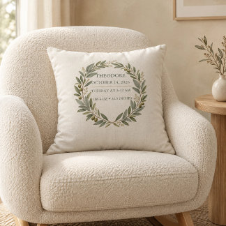 Custom Olive Wreath Birth Stats Heirloom Baby Pill Cushion