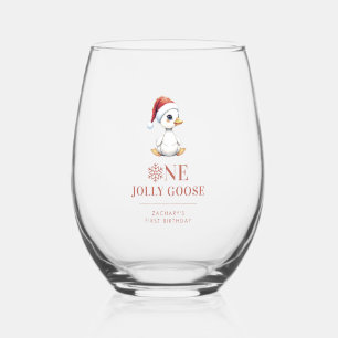 Custom One Jolly Goose December First Birthday Stemless Wine Glass