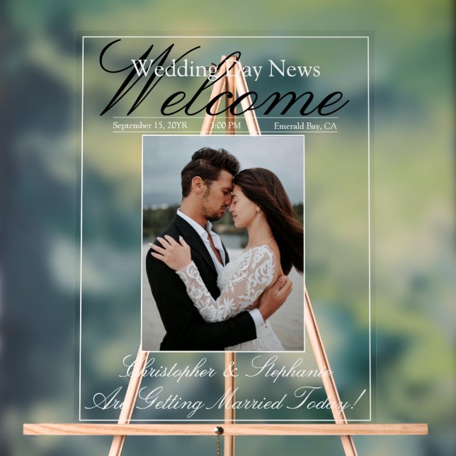 Custom One Photo Elegant Script Wedding Welcome Acrylic Sign (Neutral)