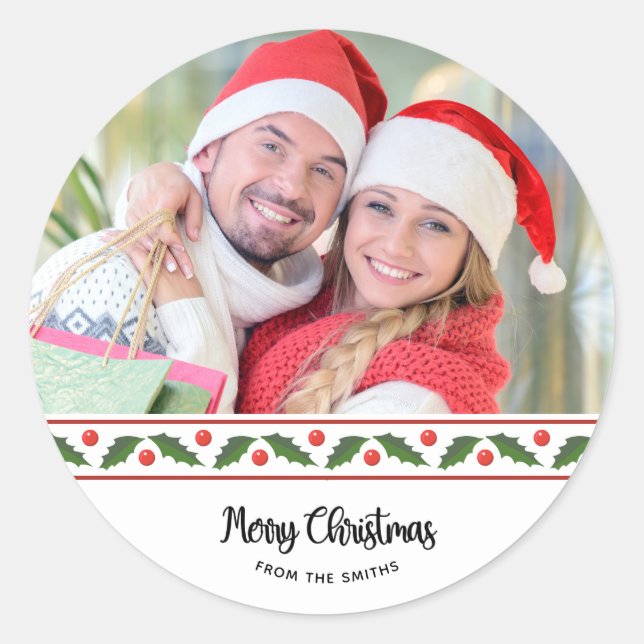 Custom  One Photo Merry Christmas  Classic Round Sticker (Front)