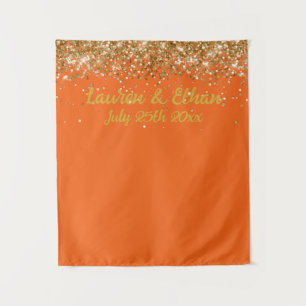 Custom Orange and Gold Glitter Wedding Photo Booth Tapestry