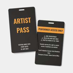 Custom Orange Artist Performer Access Concert ID Badge