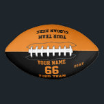 Custom orange black Football Name, Number, Team<br><div class="desc">Create your own custom orange black white Football with Name, Number, Team Name, Slogan and Year. Personalise this simple classic football template with your custom message, name, team name and year. Easily personalise it for a cool sport keepsake. Create your unique personalised gift for coach, boy's birthday, football player, teammates...</div>