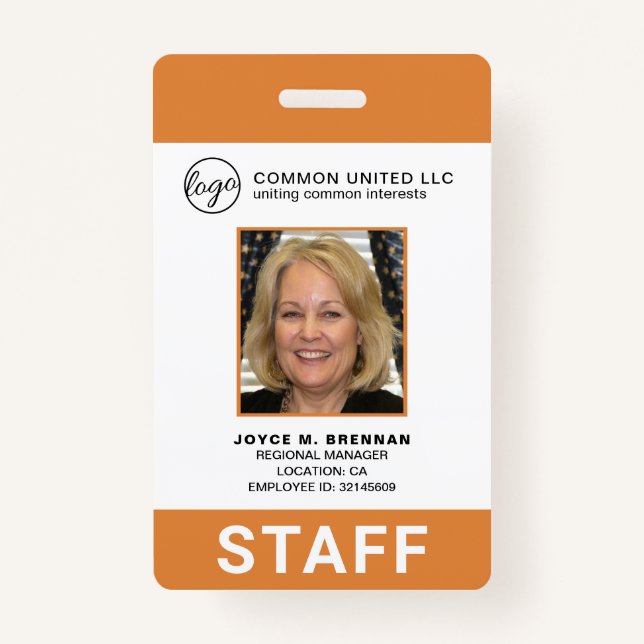 Custom Orange Business Logo Employee Photo ID ID Badge (Front)