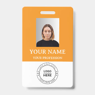 Custom orange Employee Badge with Photo, Logo, QR ID Badge