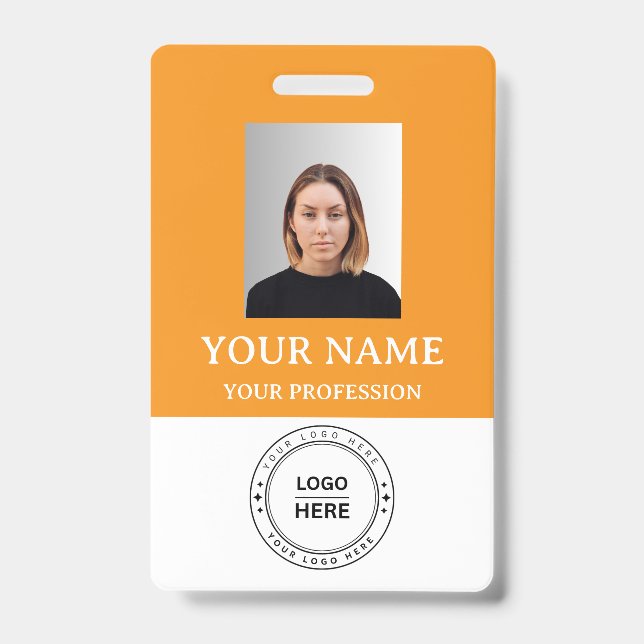 Custom orange Employee Badge with Photo, Logo, QR ID Badge (Front)