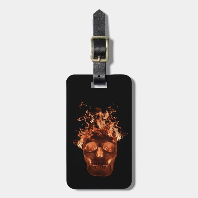 Custom Orange Flame Skull Luggage Tag (Front Vertical)