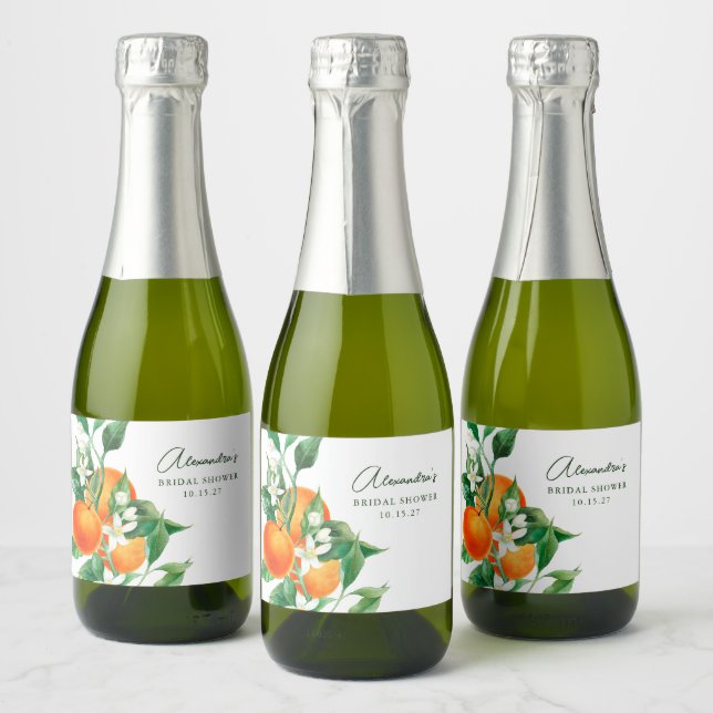 Custom Orange Fruit Botanical Bridal Shower Mini Sparkling Wine Label (Bottles)