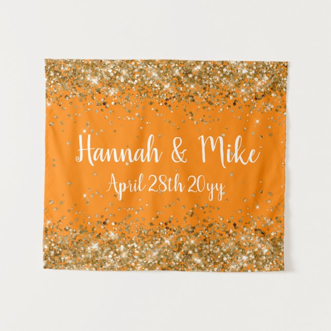 Custom Orange & Gold Wedding Backdrop Photo Booth Tapestry (Front (Horizontal))