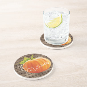 Custom Orange Pumpkin Green Leaves Shiplap Pattern Coaster