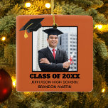 Custom Orange Senior Graduation Photo 2023 Ceramic Ornament<br><div class="desc">This custom orange senior graduate Christmas ornament features your graduation photograph underneath a black grad cap. Personalize with your class year,  school,  and name for a great gift for a graduating student.</div>