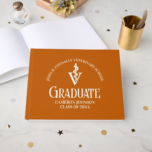 Custom Orange Veterinary School Graduation Party Guest Book (Front Open)