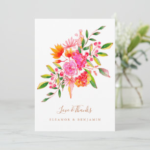 Custom Orange Watercolor Floral Photo Wedding Thank You Card