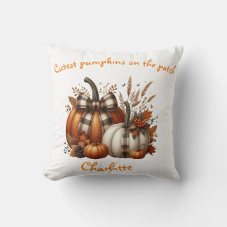 Custom orange, white fall Pumpkins, coquette bow Cushion