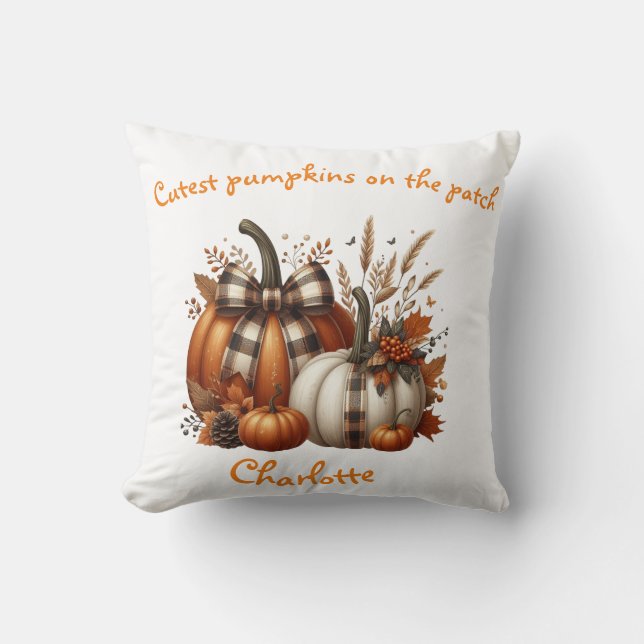 Custom orange, white fall  Pumpkins, coquette bow Cushion (Front)