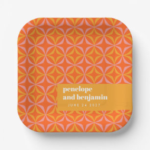 Custom Orange Yellow Retro Typography Wedding  Paper Plate
