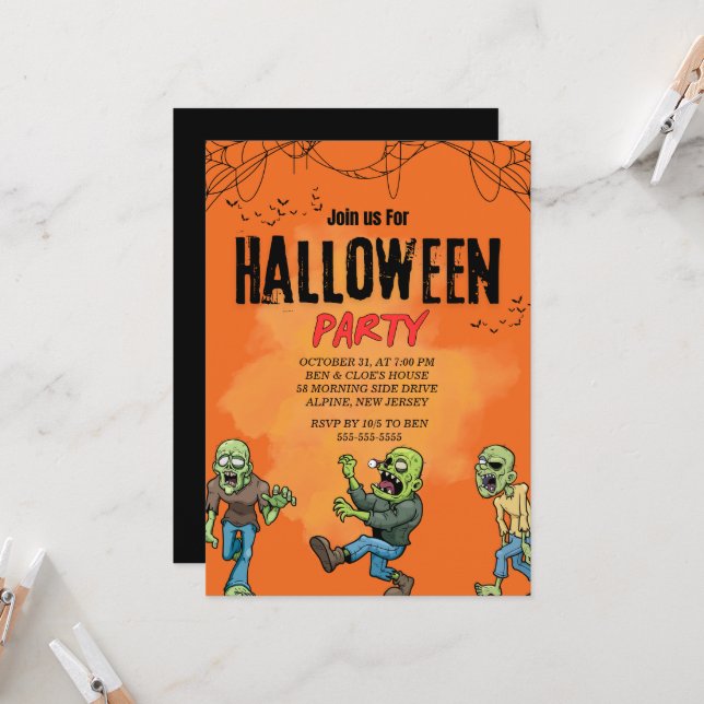 Custom Orange Zombie Halloween Party Invitation (Front/Back In Situ)