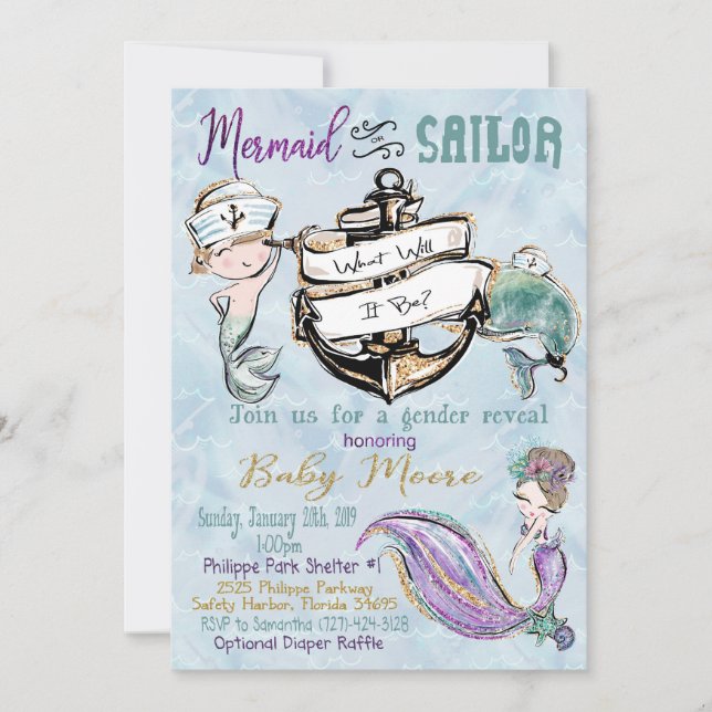 Custom order mermaid gender reveal final holiday card (Front)