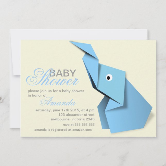 Custom origami elephant baby shower invitation (Front)