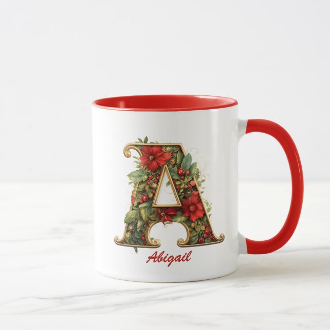 Custom Ornate Monogram A Christmas Red Gold  Mug (Right)