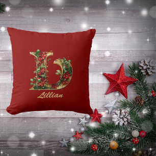 Custom Ornate Monogram L Christmas Red Gold Cushion