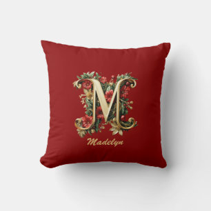 Custom Ornate Monogram M Christmas Red Gold Cushion
