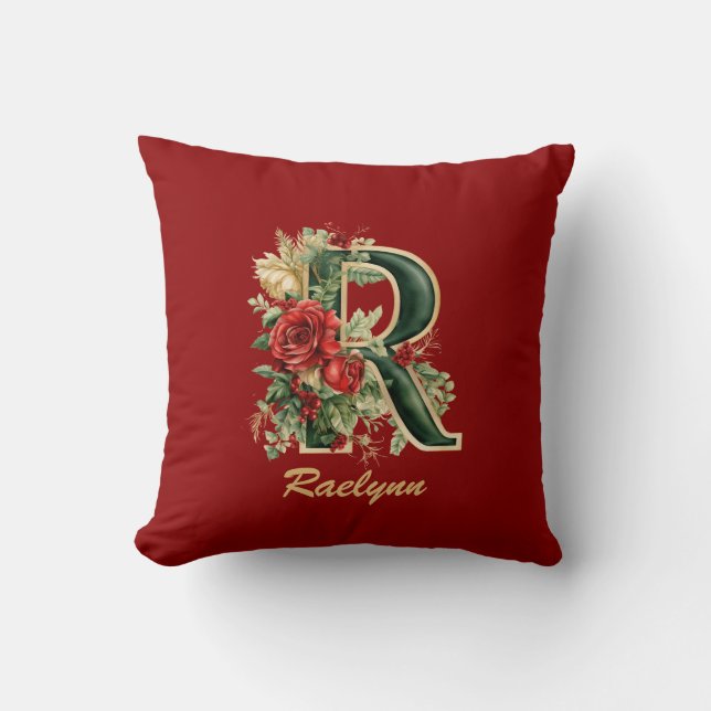 Custom Ornate Monogram R Christmas Red Gold Throw  Cushion (Front)