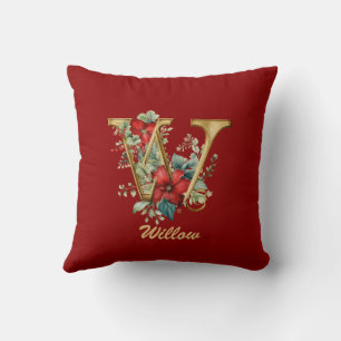 Custom Ornate Monogram W Christmas Red Gold Throw Cushion