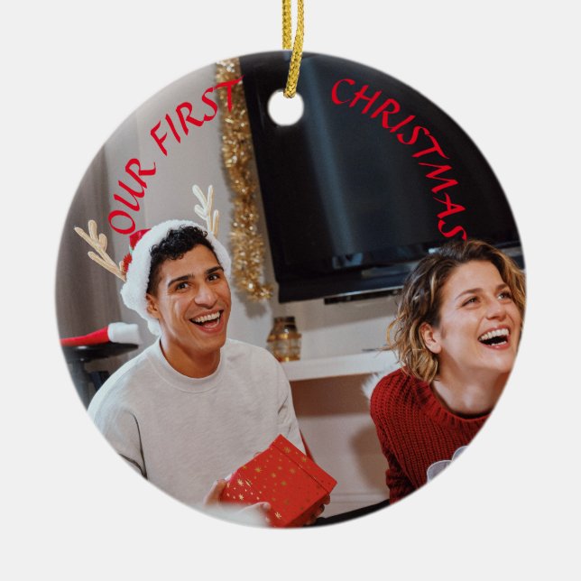Custom Our First Christmas Couple Photo Two Sided  Ceramic Tree Decoration (Front)