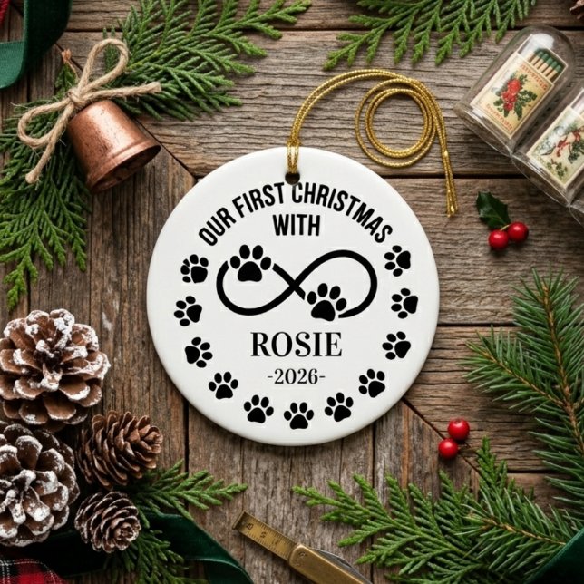 Custom Our First Christmas Pet Infinity Paw Print Ceramic Tree Decoration (our first christmas ornament 1)