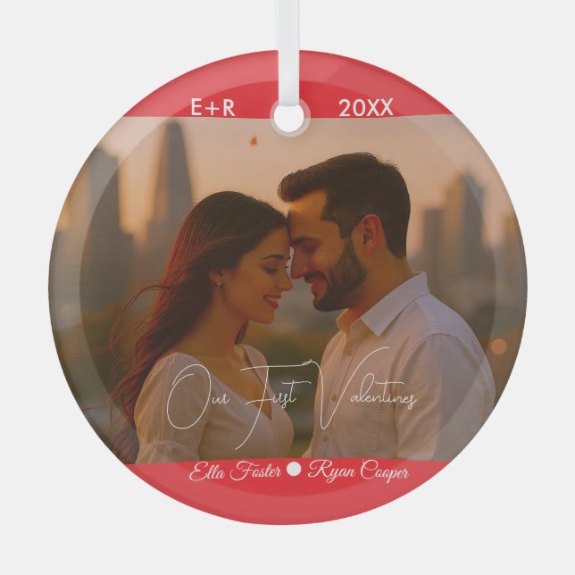 Custom Our First Valentine's Photo Glass Tree Decoration (Front)