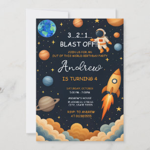 Custom Outer Boy Blast Off Rocket Ship Birthday Invitation