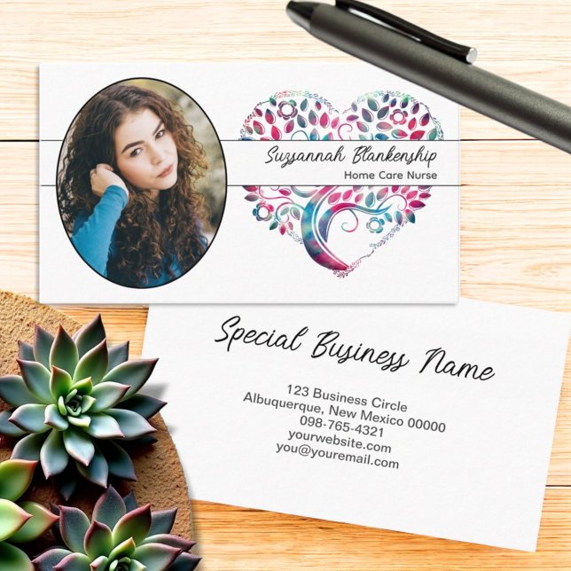 Custom Oval Photo Colourful Tree Heart Art  Business Card (Custom photo template business card front and back)