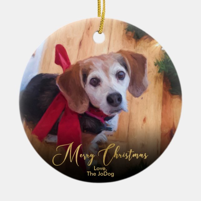 Custom Own Pet Photo Elegant Gold Script Christmas Ceramic Tree Decoration (Front)