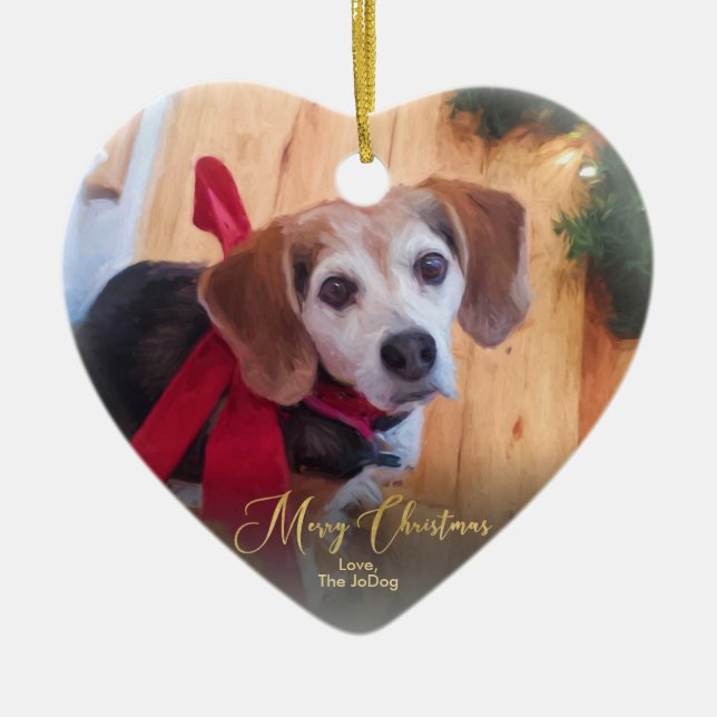Custom Own Pet Photo Elegant Gold Script Christmas Ceramic Tree Decoration (Front)