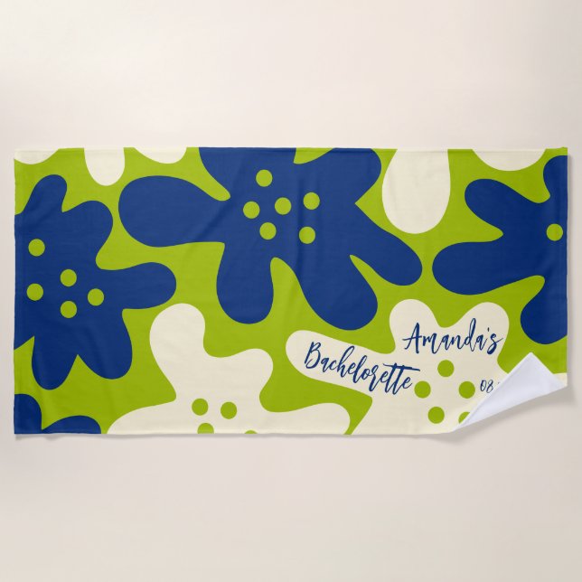 Custom Paint Blue and Green Flower Bachelorette Beach Towel (Front)