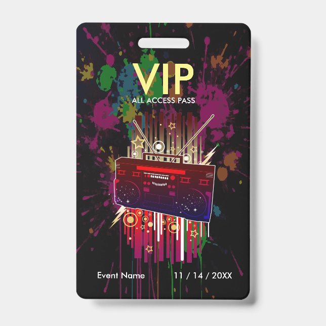 Custom Paint Splatter VIP Pass On Black For Events ID Badge (Front)