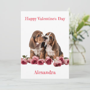 Custom Pair of Basset Hound Puppies Valentine Holiday Card