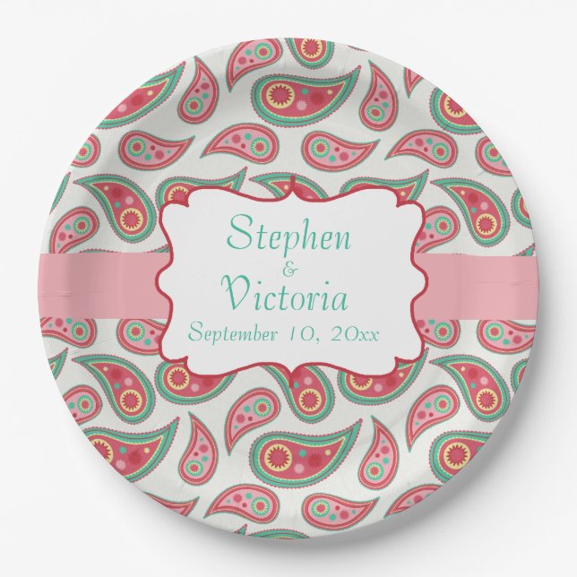 Custom Paisley Monogram Wedding Paper Plates (Front)