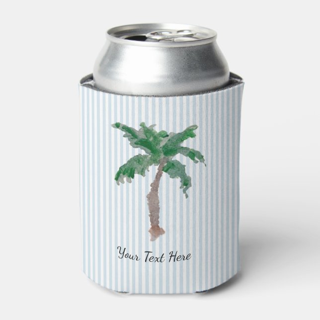 Custom Palm Tree Island Painting Blue Stripe Can Cooler (Can Front)