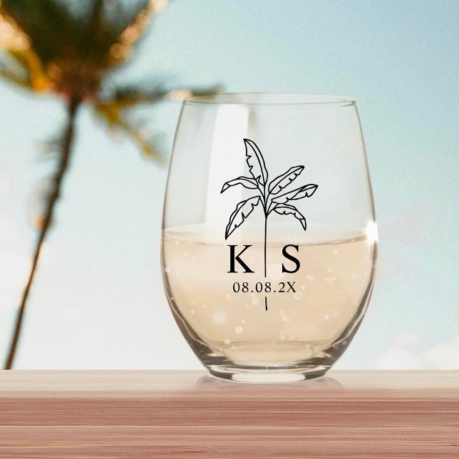 Custom Palm Tree Monogram Save the Date Logo Stemless Wine Glass (Creator Uploaded)